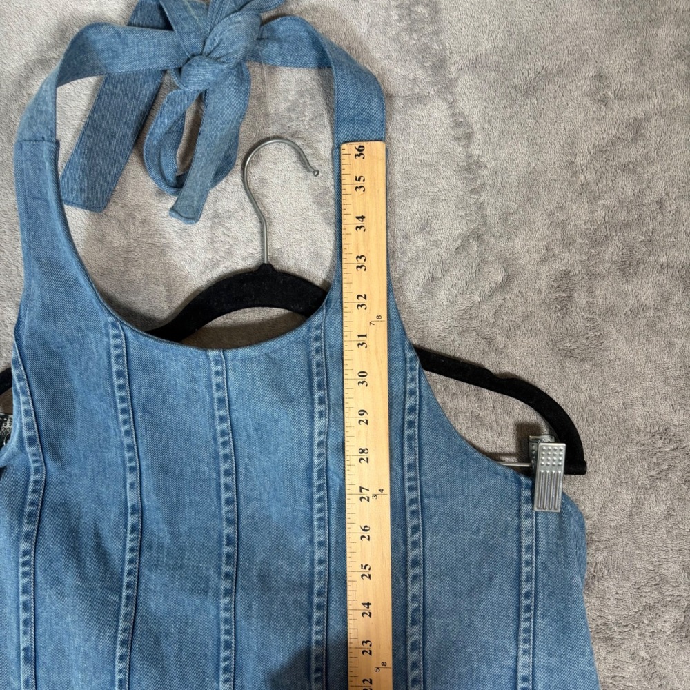 Maeve Anthropologie Blue Denim Halter Dress Floral Embroidered Smocked XL Boho - Picture 13 of 16
